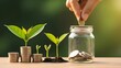 © Artfinity - Financial growth and money savings concept. Investment and capital wealth management. Person putting a coin into a glass jar next to green plants growing on stacks of coins.