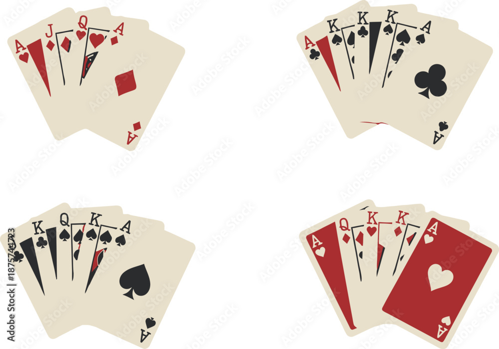 Flat design set of 4 poker hand rankings royal flush full house three of a kind and two pair playing cards