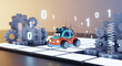 © UmarHayyat - Cute robot car driving on digital grid with gears and binary code