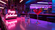 © Alchemy - Modern bar scene with neon Happy Galentines sign and cocktail glass, colorful light reflections, stylish friendship celebration atmosphere for February holiday evening
