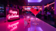 © Alchemy - Modern bar scene with neon Happy Galentines sign and cocktail glass, colorful light reflections, stylish friendship celebration atmosphere for February holiday evening