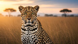 Leopard with green eyes sitting in golden African savanna