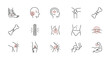 © JannatulFerdaus - Collection of line icons illustrating various body pains and injuries, including foot pain, earache, headache, broken bones, spinal issues, abdominal discomfort, knee and joint pain, and muscle