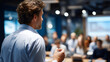 © Kateryna - Faceless professional man giving presentation to group in modern conference room projector screen display corporate meeting business training team education professional works