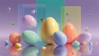 © InfiniteStudio - Floating shapes and translucent eggs create an abstract 3D composition in a cyber pastel scene with reflections