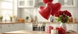 © SKIMP Art - valentine's day concept, with red heart-shaped balloons and bouquet of roses on a table in the kitchen, along with gift boxes and wine glasses filled with wine in a white modern interior Generative AI
