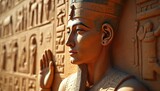 Pharaoh sculpture with Egyptian hieroglyphs on temple wall. Ancient carved figures show king raising hand, wearing nemes headdress. Historic art shows royal profile, detailed face.