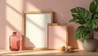 © miss irine - Minimalist scene with two frames a pink vase and green plant. Sunlight casts shadows on pink wall. Small plate has cookies ready for snack time. Space for text.