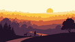 © Abhinaya Project - Serene landscape with person walking dog at sunset in countryside.