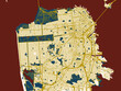 © W&S Stock - Minimalist map of San Francisco, California, gold street network with deep red water