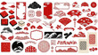© GJ - A comprehensive collection of traditional Japanese and Chinese design elements, featuring cranes, waves, clouds, fans, flowers, and ornate frames in red, black, and white.