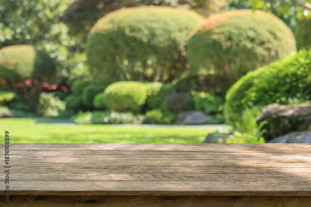 Empty wood table top with abstract blur park garden background Stock ...