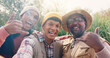 © WesJVR/peopleimages.com - Travel, shaka sign and selfie with friends in nature for adventure, social media post and hiking explorer. Vacation photography, trekking vlogger and smile with people outdoor for profile picture