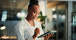 © OnPoint/peopleimages.com - App, ideas and tablet with black woman in office for information, project management or report. Internet, stylus and review with business person in professional workplace for schedule development