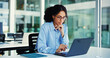 © OnPoint/peopleimages.com - Reading, employee and woman with laptop, office and risk assessment for investment proposal or info. Business, financial analyst and person with tech for asset management, online and budget review