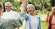 © DavidsPrime/peopleimages.com - Instructor, high five and old people in park with fitness, class and nature for support or help. Retirement, hobby and personal trainer with elderly group, celebration or workout for wellness advice