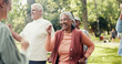 © DavidsPrime/peopleimages.com - Woman, happy and old people in park with fitness, class and nature for senior exercise club. Retirement, hobby and personal trainer with mature group, outdoor or workout for health and wellness