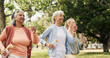 © DavidsPrime/peopleimages.com - Fitness, walking and senior women in park with smile, retirement exercise or training for health. Personal trainer, outdoor workout or elderly people with water bottle for wellness, active or cardio