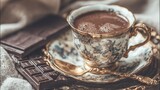 A delicious cup of Lungo coffee sits beside a square of rich dark chocolate, served on a vintage saucer with a golden spoon, creating an inviting still life.