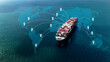 © APchanel - Aerial top-down view of a large container cargo ship sailing through turquoise ocean waters logistics, transportation and international shipping routes.