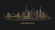 © fantastic - Minimalist gold line illustration of San Francisco city skyline with iconic bridge against black background.