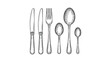 © Chayon - Elegant set of vintage cutlery illustrated in a detailed black and white engraving style, featuring knives, forks, and spoons for fine dining.