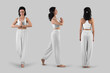 © olegphotor - Mockup of white wide pants, top for yoga on coach in asana, full height front, side, back view, isolated on background. Set
