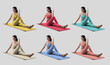 © olegphotor - Mockup of a colored sports suit on a woman in asana, side view, floor mat for yoga, isolated on a background. Set