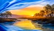 © Adib - A serene river flows toward a sunset, framed by a draped blue element, creating a dreamy landscape