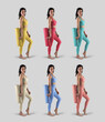 © olegphotor - Mockup of colored leggings, top on woman in asana, rolled up floor cloth mat for yoga, isolated on background, for advertising. Set