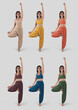 © olegphotor - Template of bright colorful wide pants, top for yoga coach in asana, full height front view, isolated on background. Set
