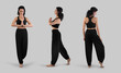 © olegphotor - Mockup of black wide pants, top for yoga on a trainer in asana, front, side, back view, for design, branding. Set