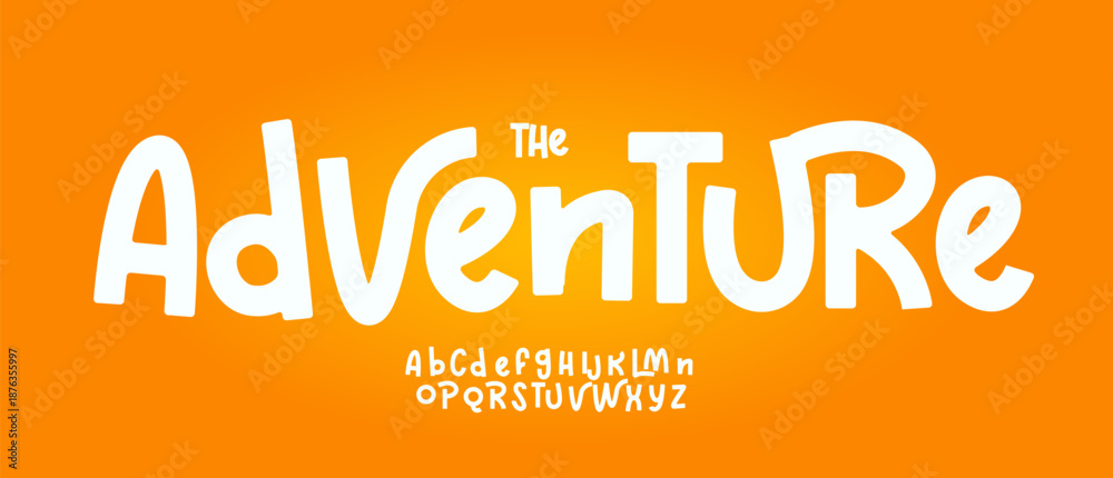 Adventure font modern bouncy typeset, lively friendly alphabet. Playful cheerful letters in Los Muertos Mexican style for menus, labels, signage, ads, crafts and comic book. Vector typographic design
