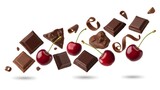 Delicious Dark Chocolate Chunks and Sweet Cherries Flying