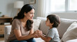 © Zucide - Hispanic mother connection on emotional care of family with child for healthcare and wellness use supportive lifestyle moment on living room sofa trust bonding