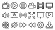© Graphic Genius - Set of media player line icons featuring symbols for play, pause, volume, and settings, created in a simple black outline style for user interface and web design