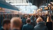 © backup_studio - People walking on train platform with a passenger train alongside. Urban commute and public transport. Travel and journey concept for daily life.