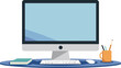 © RK-DESIGNER - Minimalist Desktop Workspace Vector with Monitor and Tools. Modern Computer Desk Setup Illustration for Productivity Themes.