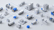 © Lumi Stock Studio - Abstract and structured supply chain management concept visual, showcasing an interconnected logistics network with 3D isometric building and vehicle icons on a clean white background
