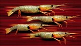 Four spotted marine crustaceans appear to move rapidly across a striped crimson background