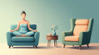 © UP ZONE - A woman meditates peacefully on a serene blue armchair in a calm room with a minimalist decor