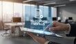 © Budi - Business professional holding tablet with policy updated notification, Corporate compliance, new rules implementation, governance management, regulatory change, and digital documentation process.