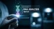 © Budi - Scientist holding transparent glass displaying holographic DNA double helix and analysis match text, visualizing genetic biotechnology research, medical data innovation, and biology science concept.
