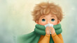 © Irina - Cute child with curly hair wearing green scarf and holding tissue, expressing feeling of cold. Child is bundled up with soft scarf, conveying chilly weather and emotions.