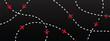 © Sk - Airplane flight path pattern on dark background. Dotted route lines with red aircraft icons illustrating travel and navigation. Aviation themed graphic for tourism, logistics, maps, and transportation