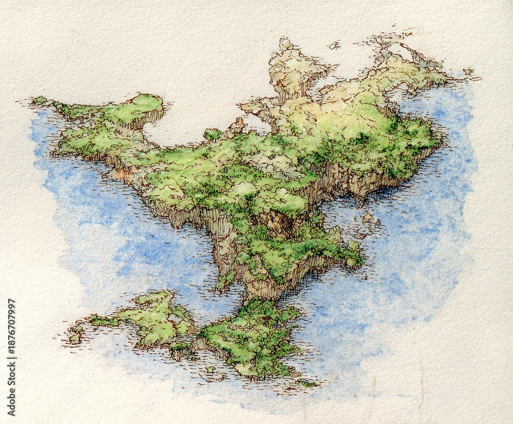 Detailed map showing land and water features of a fictional island with ...
