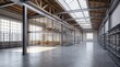 © Febcherl Studio - Spacious modern industrial warehouse interior with steel beams, skylight roof, glass-walled office, metal shelving, and polished concrete floor.
