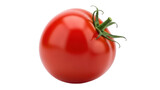 Ripe red tomato isolated PNG on transparent background, fresh vegetable with green stem and leaves for healthy eating and cooking