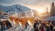 © Ben - Group of people clinking champagne glasses during apres ski at snowy mountain sunset celebrating winter vacation lifestyle friendship and alpine joy, Generative AI