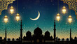 © Mutia - Mosque silhouette at night under a starlit sky with a crescent moon and glowing lanterns. Ideal for Islamic celebration, Ramadan, and spiritual devotion themes